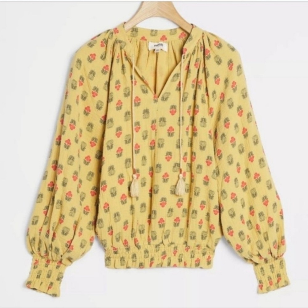 Porridge Anthropologie NWT 100% Cotton Peasant Blouse Tassel Tie Smocked Hem XL